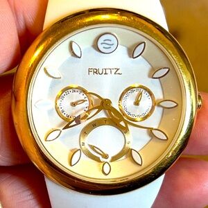 EUC Luxury Philip Stein Fruitz Watch Gold Bezel Pearl Dial White Strap Rare
